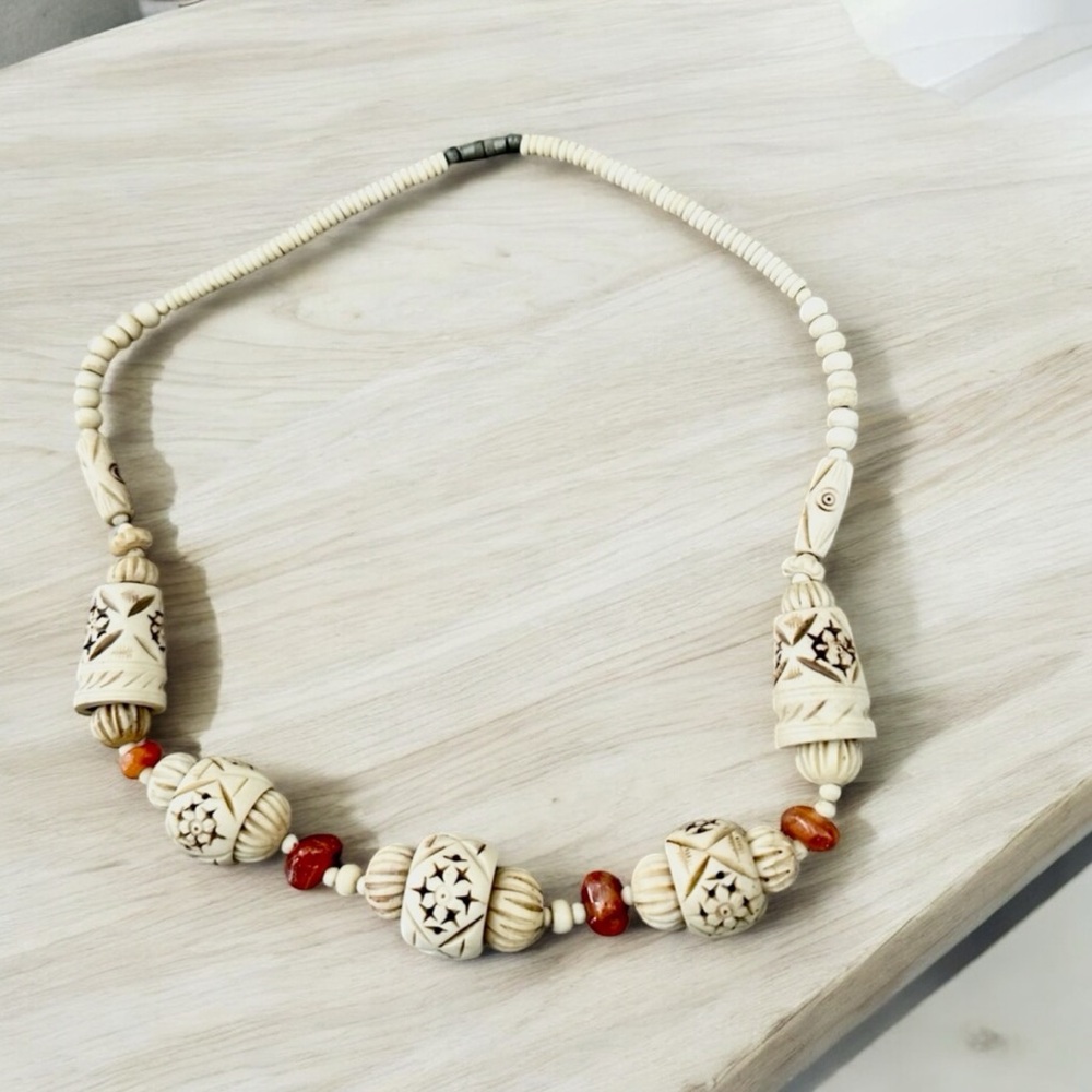 Vintage Ethnic Tribal Hand Carved Bead Necklace 28 inches Bovine & Red Agate